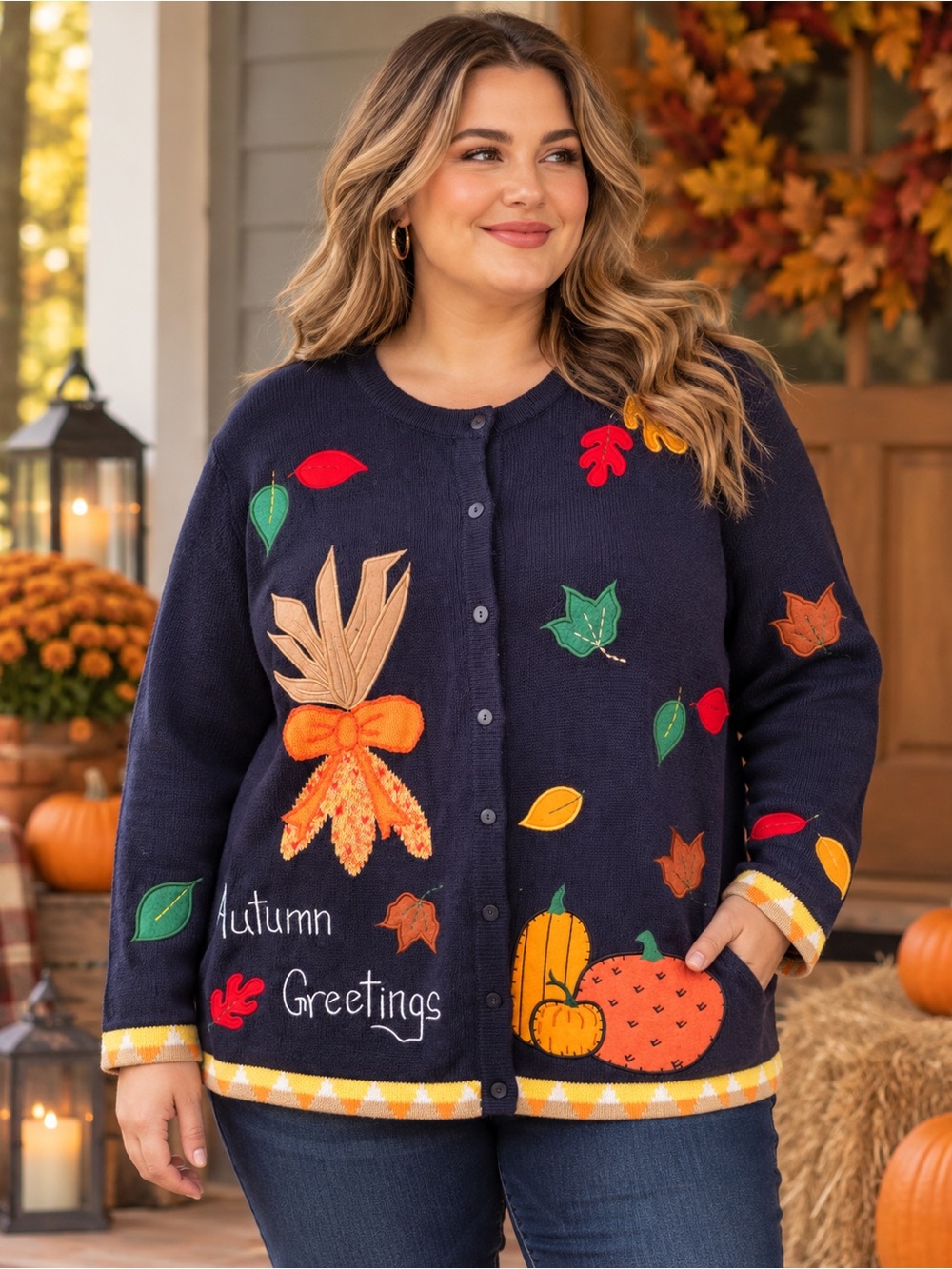 Vintage Quacker Factory Autumn Greetings Pumpkin Fall Cardigan 1X